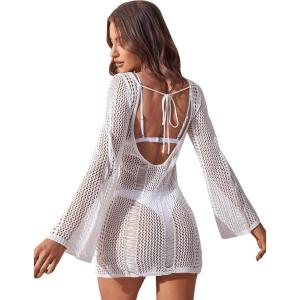 imageFloerns Womens Crochet Cover Up Long Sleeve Hollow Out Bikini Swimsuit Beach Cover Up SwimwearA White