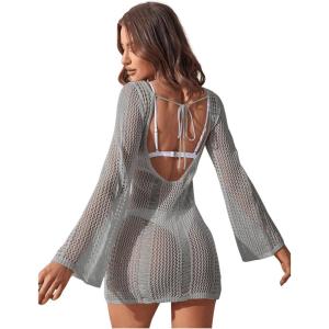 imageFloerns Womens Crochet Cover Up Long Sleeve Hollow Out Bikini Swimsuit Beach Cover Up SwimwearGrey