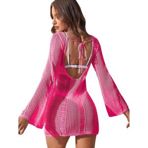 imageFloerns Womens Crochet Cover Up Long Sleeve Hollow Out Bikini Swimsuit Beach Cover Up SwimwearHot Pink