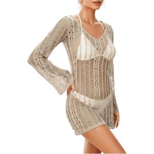 imageFloerns Womens Crochet Cover Up Long Sleeve Hollow Out Bikini Swimsuit Beach Cover Up SwimwearKhaki B