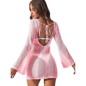 imageFloerns Womens Crochet Cover Up Long Sleeve Hollow Out Bikini Swimsuit Beach Cover Up SwimwearLight Pink