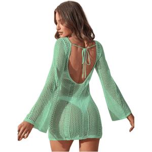 imageFloerns Womens Crochet Cover Up Long Sleeve Hollow Out Bikini Swimsuit Beach Cover Up SwimwearMint Green