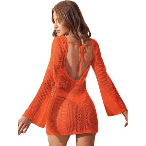 imageFloerns Womens Crochet Cover Up Long Sleeve Hollow Out Bikini Swimsuit Beach Cover Up SwimwearOrange