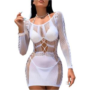 imageFloerns Womens Crochet Cover Up Long Sleeve Hollow Out Bikini Swimsuit Beach Cover Up SwimwearWhite E