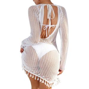 imageFloerns Womens Crochet Cover Up Long Sleeve Hollow Out Bikini Swimsuit Beach Cover Up SwimwearWhite J
