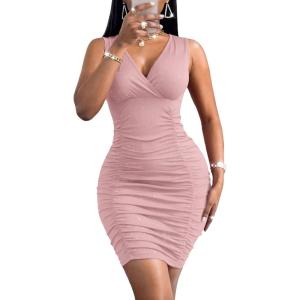 imageFloerns Womens Rhinestone Sleeveless V Neck Ruched Party Bodycon Mini DressLight Pink