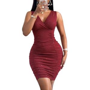 imageFloerns Womens Rhinestone Sleeveless V Neck Ruched Party Bodycon Mini DressMaroon
