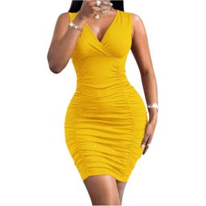 imageFloerns Womens Rhinestone Sleeveless V Neck Ruched Party Bodycon Mini DressYellow Solid