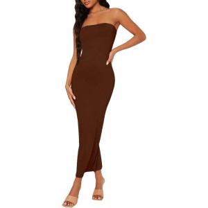 imageFloerns Womens Solid Strapless Sleeveless Bandeau Tube Top Bodycon Maxi DressChocolate Brown