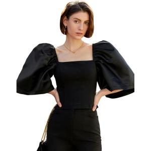 imageFloerns Womens Square Neck Puff Short Sleeve Elegant Blouse Crop TopBlack