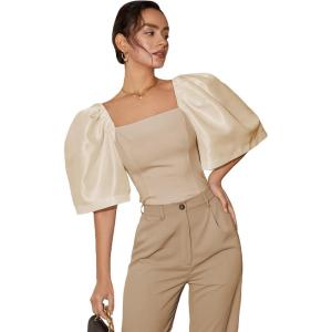 imageFloerns Womens Square Neck Puff Short Sleeve Elegant Blouse Crop TopChampagne