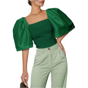 imageFloerns Womens Square Neck Puff Short Sleeve Elegant Blouse Crop TopDark Green