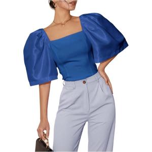 imageFloerns Womens Square Neck Puff Short Sleeve Elegant Blouse Crop TopDusty Blue