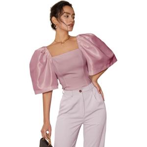 imageFloerns Womens Square Neck Puff Short Sleeve Elegant Blouse Crop TopDusty Pink