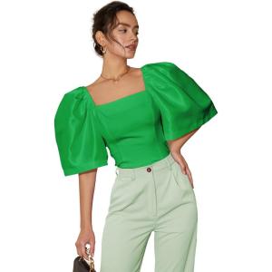 imageFloerns Womens Square Neck Puff Short Sleeve Elegant Blouse Crop TopGreen