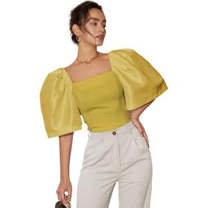 imageFloerns Womens Square Neck Puff Short Sleeve Elegant Blouse Crop TopMustard Yellow