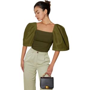 imageFloerns Womens Square Neck Puff Short Sleeve Elegant Blouse Crop TopOlive Green