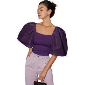 imageFloerns Womens Square Neck Puff Short Sleeve Elegant Blouse Crop TopPurple