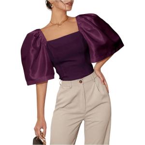 imageFloerns Womens Square Neck Puff Short Sleeve Elegant Blouse Crop TopRed Violet