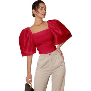 imageFloerns Womens Square Neck Puff Short Sleeve Elegant Blouse Crop TopRose Red