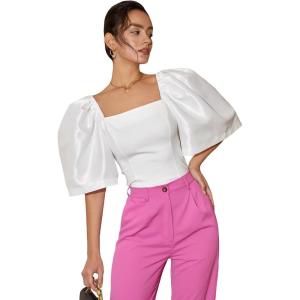 imageFloerns Womens Square Neck Puff Short Sleeve Elegant Blouse Crop TopWhite