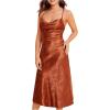 imageFloerns Womens Spaghetti Strap Cowl Neck Long Slip Satin Silk Midi DressRust Brown Floral