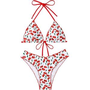 imageFloerns Womens 2 Piece Bathing Suit Lace Up Back Halter Triangle Bikini SwimsuitWhite Cherry