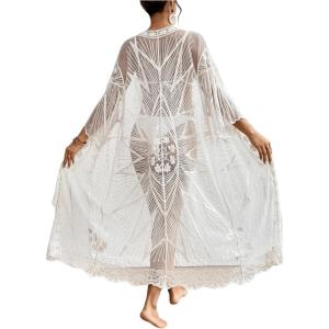 imageFloerns Womens Embroidery Sheer Mesh 34 Sleeve Swimwear Long Kimono CardiganApricot