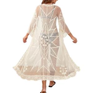 imageFloerns Womens Embroidery Sheer Mesh 34 Sleeve Swimwear Long Kimono CardiganBeige