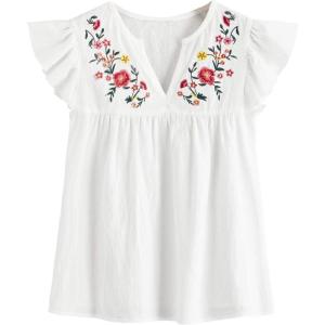 imageFloerns Womens Floral Embroidered V Neck Ruffle Cap Sleeve Peplum Blouse TopA White