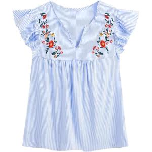 imageFloerns Womens Floral Embroidered V Neck Ruffle Cap Sleeve Peplum Blouse TopBlue Stripe