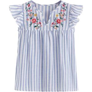 imageFloerns Womens Floral Embroidered V Neck Ruffle Cap Sleeve Peplum Blouse TopBlue White