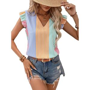imageFloerns Womens Floral Embroidered V Neck Ruffle Cap Sleeve Peplum Blouse TopOrange Green Multi