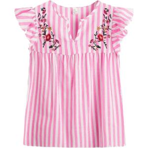imageFloerns Womens Floral Embroidered V Neck Ruffle Cap Sleeve Peplum Blouse TopPink Stripe