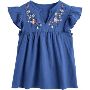 imageFloerns Womens Floral Embroidered V Neck Ruffle Cap Sleeve Peplum Blouse TopPlain Blue