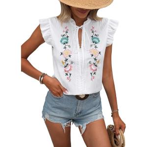 imageFloerns Womens Floral Embroidered V Neck Ruffle Cap Sleeve Peplum Blouse TopWhite Cream