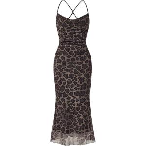imageFloerns Womens Spaghetti Strap Cowl Neck Long Slip Satin Silk Midi DressBlack Leopard