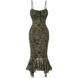 imageFloerns Womens Spaghetti Strap Cowl Neck Long Slip Satin Silk Midi DressGreen Floral