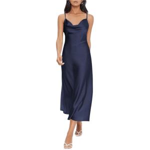 imageFloerns Womens Spaghetti Strap Cowl Neck Long Slip Satin Silk Midi DressNavy Blue