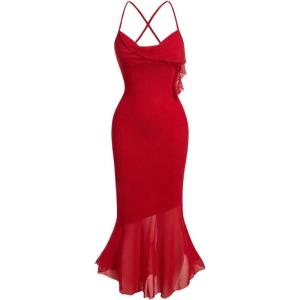imageFloerns Womens Spaghetti Strap Cowl Neck Long Slip Satin Silk Midi DressRed Solid