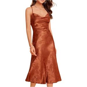 imageFloerns Womens Spaghetti Strap Cowl Neck Long Slip Satin Silk Midi DressRust Brown Floral