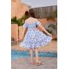 imageFloerns Girls Boho Floral Cold Shoulder Short Sleeve Ruffle Hem A Line DressBlue and White