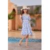 imageFloerns Girls Boho Floral Cold Shoulder Short Sleeve Ruffle Hem A Line DressBlue and White