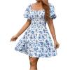 imageFloerns Womens Boho Square Neck Puff Short Sleeve Self Tie Front A Line DressBlue