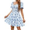 imageFloerns Womens Boho Square Neck Puff Short Sleeve Self Tie Front A Line DressBlue