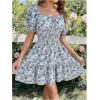 imageFloerns Womens Boho Square Neck Puff Short Sleeve Self Tie Front A Line DressBlue Floral