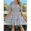 imageFloerns Womens Boho Square Neck Puff Short Sleeve Self Tie Front A Line DressBlue Floral