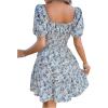 imageFloerns Womens Boho Square Neck Puff Short Sleeve Self Tie Front A Line DressBlue Floral