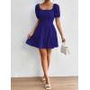 imageFloerns Womens Boho Square Neck Puff Short Sleeve Self Tie Front A Line DressDeep Blue