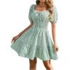 imageFloerns Womens Boho Square Neck Puff Short Sleeve Self Tie Front A Line DressGreen a